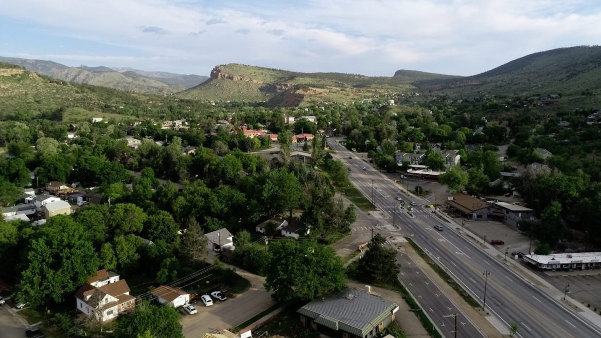 Town of Lyons Colorado aerial view with traffic and parking