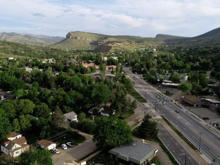Town of Lyons Colorado aerial view with traffic and parking