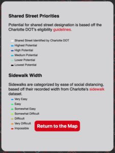 charlotte shared streets interactive map key to priorities and sidewalk widths