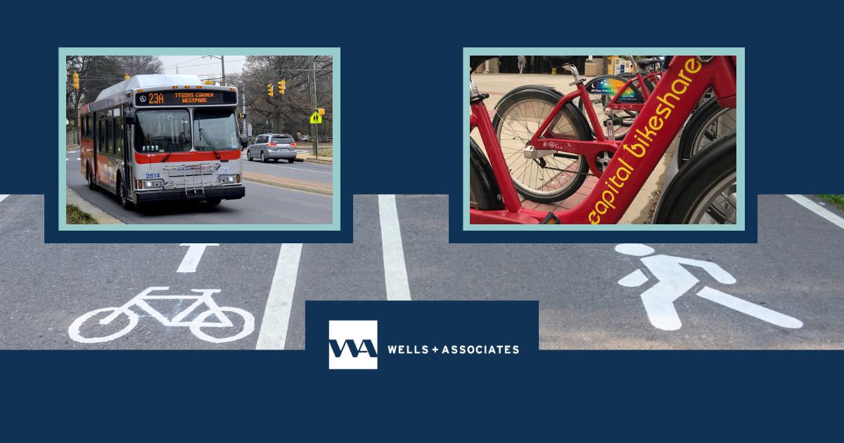 graphic header for article about fairfax county multimodal checklist - depicting metrobus, bikeshare and pedestrian facilities