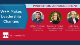graphic showing portraits of three new Wells + Associates vice presidents: Will Johnson, Courtney Menjivar, Justin Schor
