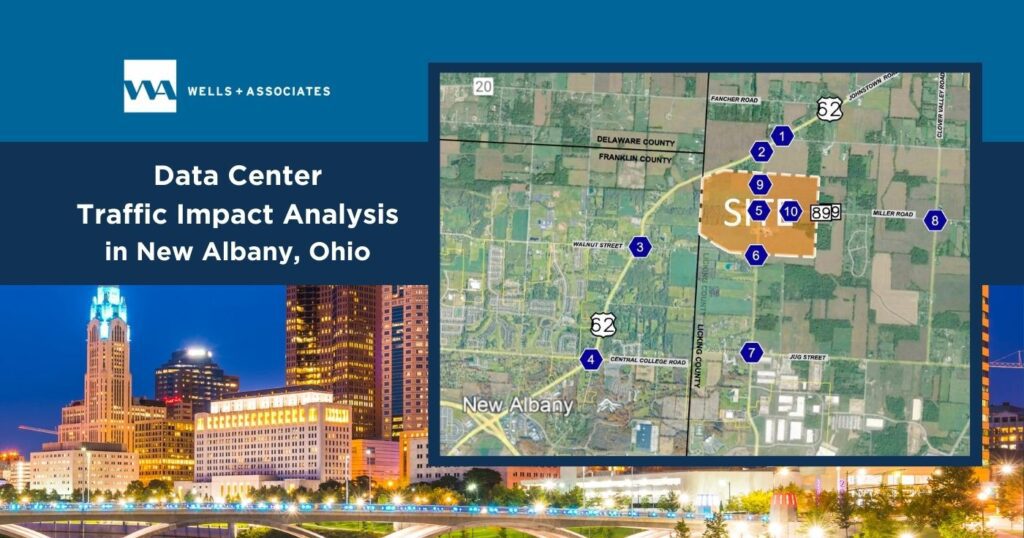 graphic showing the skyline of Ohio with a map of New Albany Ohio showing a data center traffic impact analysis