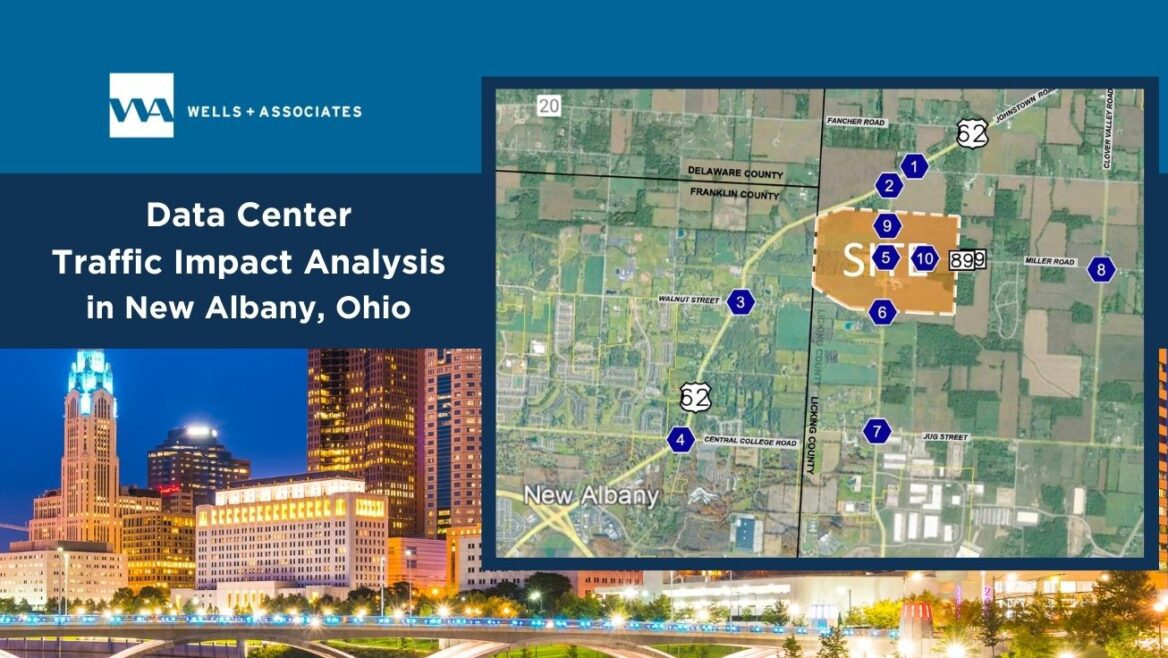 graphic showing the skyline of Ohio with a map of New Albany Ohio showing a data center traffic impact analysis