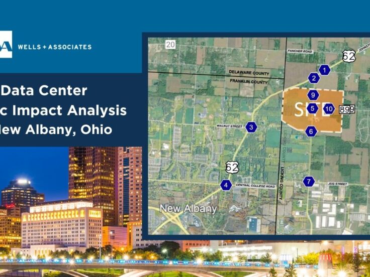 graphic showing the skyline of Ohio with a map of New Albany Ohio showing a data center traffic impact analysis