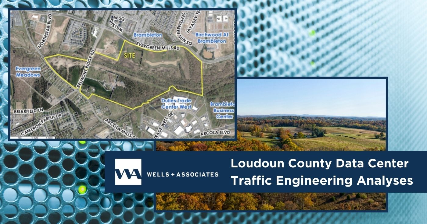 graphic showing a map and photo of Loudoun County Va for a case study about a Wells + Associates Data Center Traffic study in Ashburn