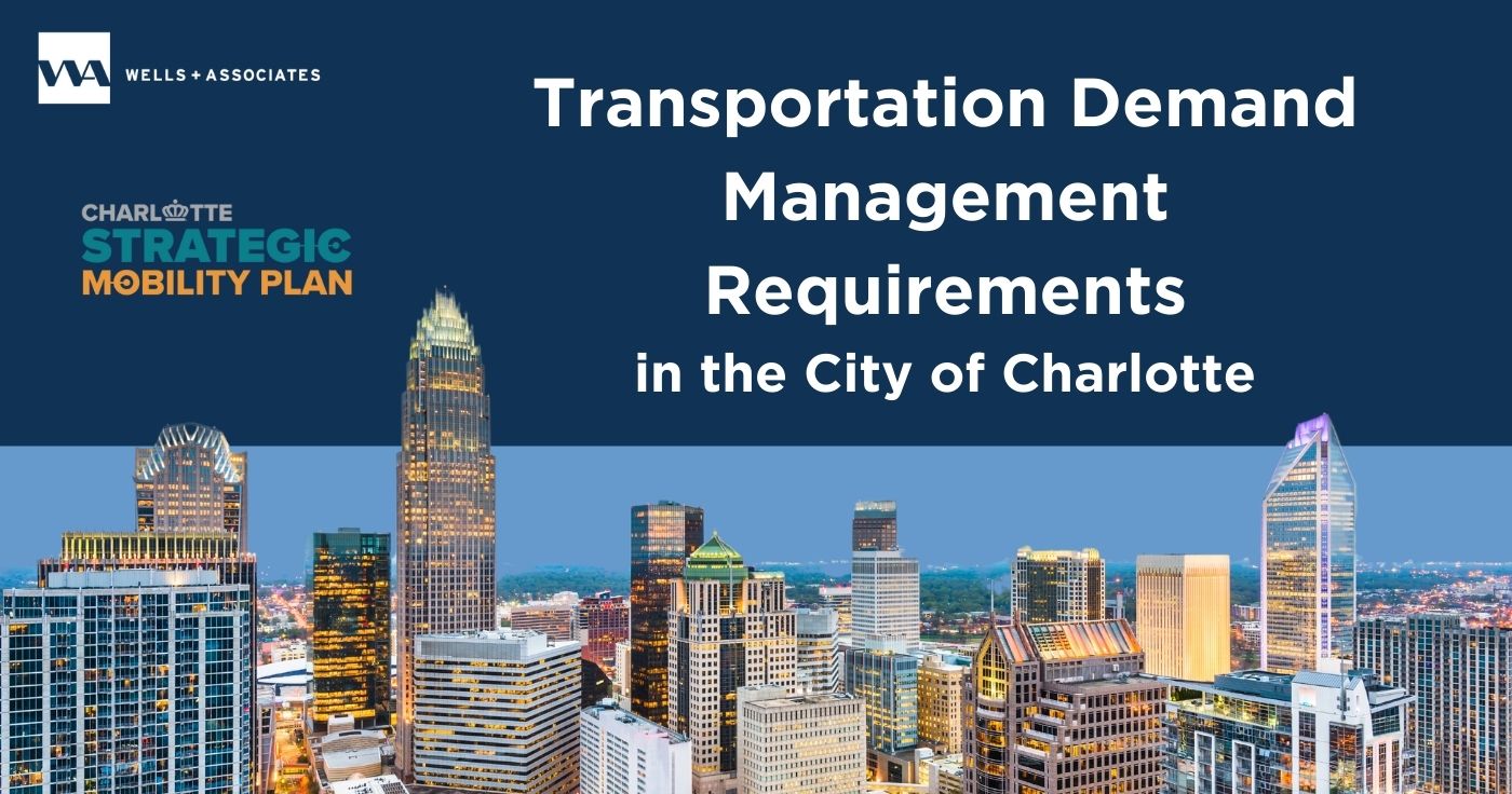 Graphic showing the Charlotte, NC skyline for a blog post about Transportation Demand Management requirements