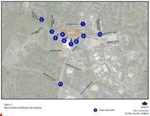 graphic showing Figure 1 site location and study intersections for One University in Fairfax County, VA