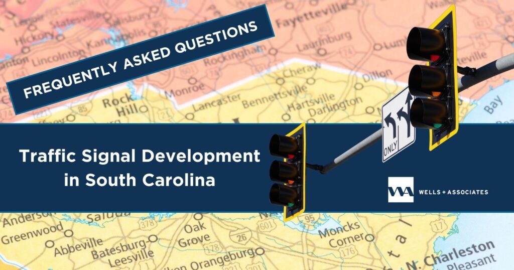 Graphic showing a background map of NC and SC area, FAQ traffic signal development in South Carolina with W+A Logo