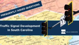 Graphic showing a background map of NC and SC area, FAQ traffic signal development in South Carolina with W+A Logo