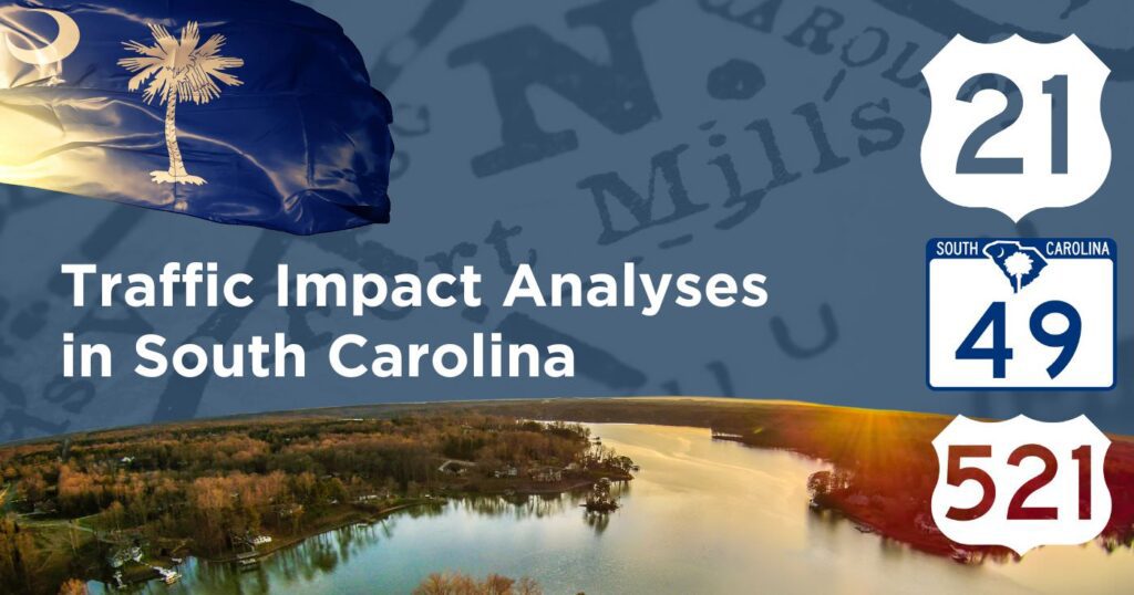 graphic showing lake wylie, the South Carolina state flag, and map of South Carolina for a case study about Traffic Impact Analyses by traffic engineers in York County and Lancaster County