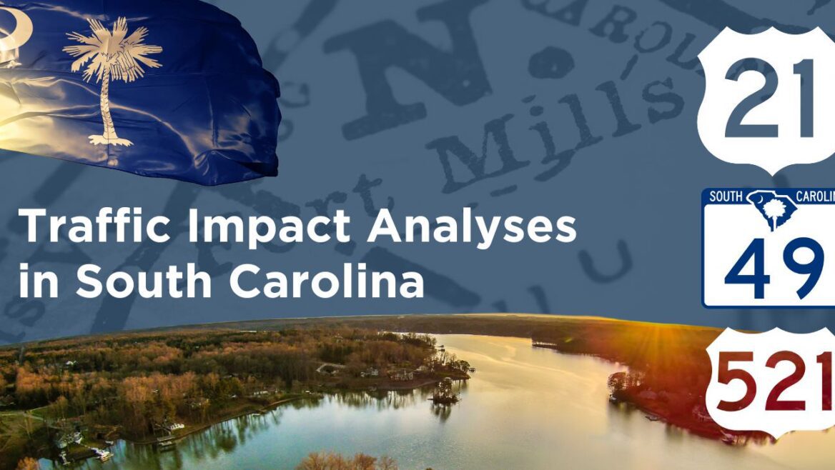 graphic showing lake wylie, the South Carolina state flag, and map of South Carolina for a case study about Traffic Impact Analyses by traffic engineers in York County and Lancaster County