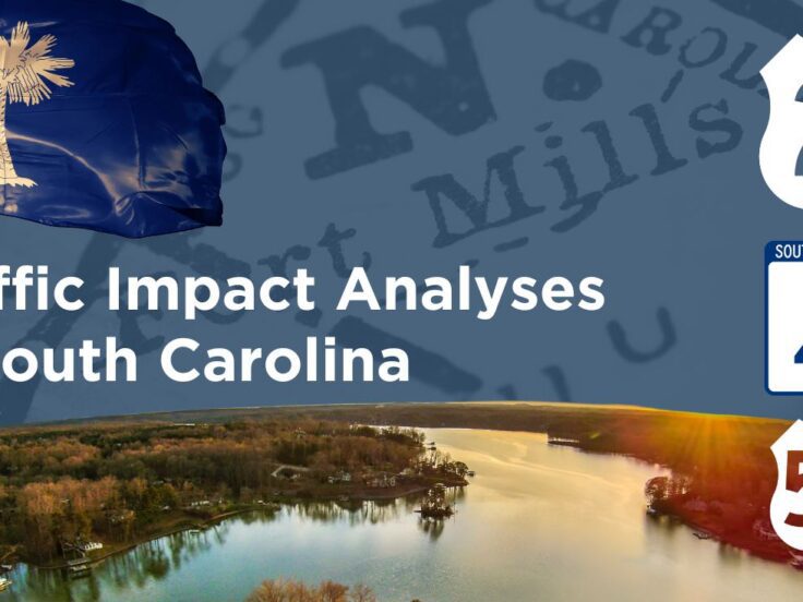 graphic showing lake wylie, the South Carolina state flag, and map of South Carolina for a case study about Traffic Impact Analyses by traffic engineers in York County and Lancaster County