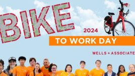 graphic with text saying Bike To Work 2024, with a photo of a bikeshare bike, and Wells & Associates TDM + Mobility Management team