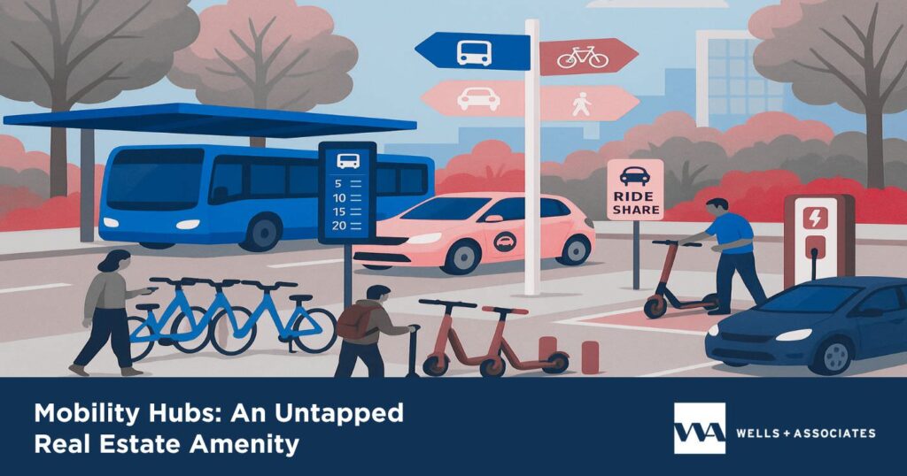 depiction of a mobility hub for article by Marie Cox, TDM-CP