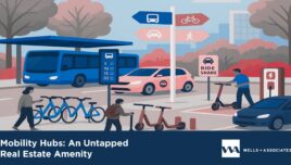 depiction of a mobility hub for article by Marie Cox, TDM-CP