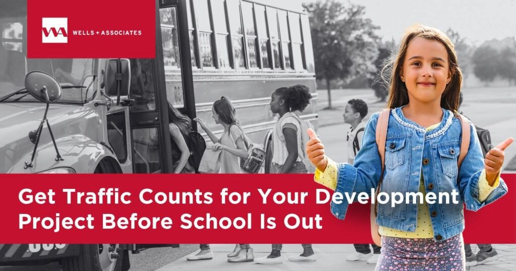 image of school bus and students for article on getting traffic counts for traffic studies while school is in session